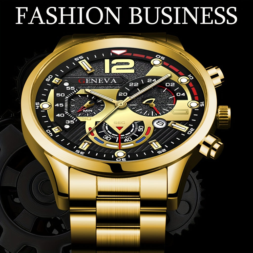 Men's Stainless Steel Quartz Watch with Calendar and Business Bracelet