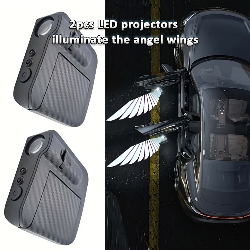 2pcs Set LED Door Projector Light with Angel Wings Decorative Ambient Black Carbon Fiber