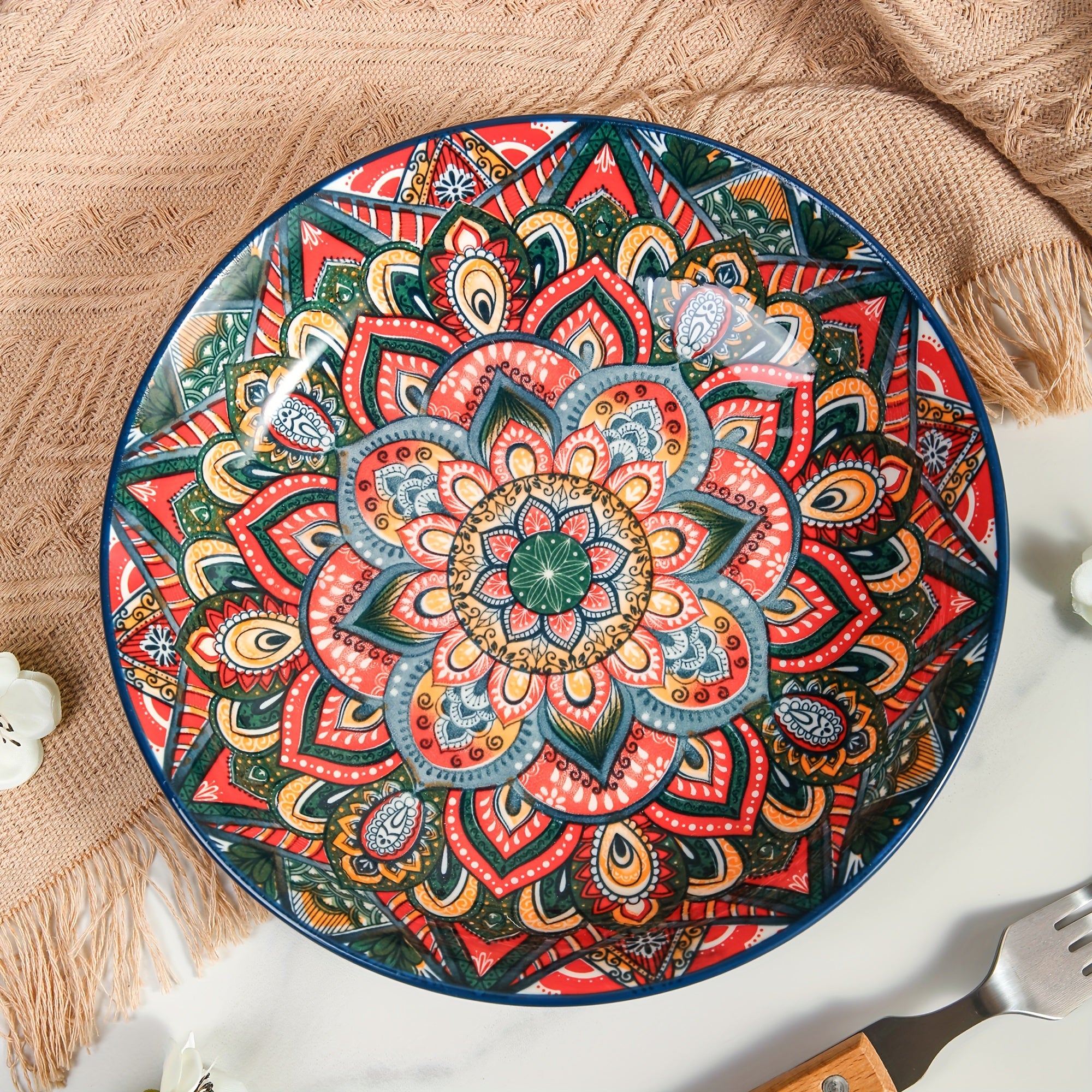 8-Inch Bohemian Ceramic Dinner Plate Microwave Safe for Home and Restaurant Use