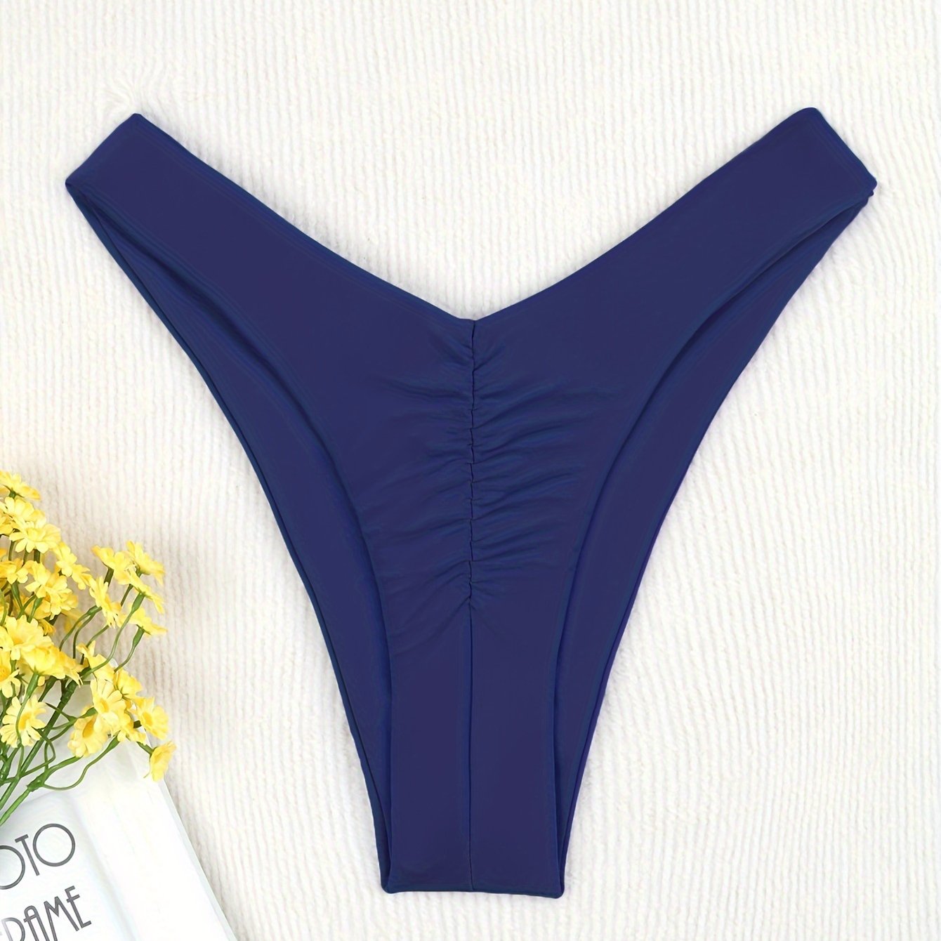 Women's Solid Color High Stretch Nylon Pleated Thong Bikini for Beach Vacation