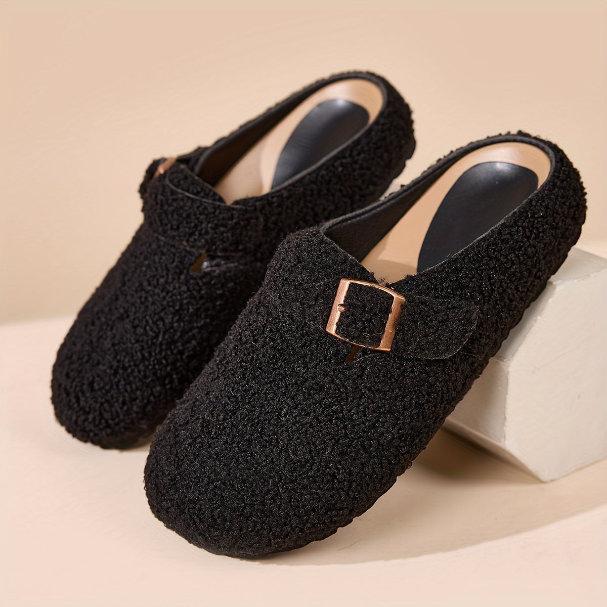 Women's Plush Mule Slippers with Adjustable Buckle Non-Slip Sole Indoor Outdoor