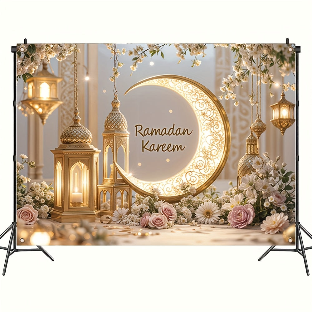 1 dona Elegant Ramazon Mural Banner, Polyester, Oltin Yarim Oy va Chiroq Dizayni bilan, Xonani va Partiyani bezash uchun mustahkam devor dekoratsiyasi, Yangi yil va Eid Al-Fitr uchun bayramona uy bezaklari