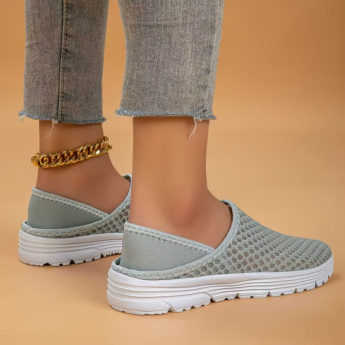 White Mesh Slip-On Walking Shoes with Stability Support for Summer