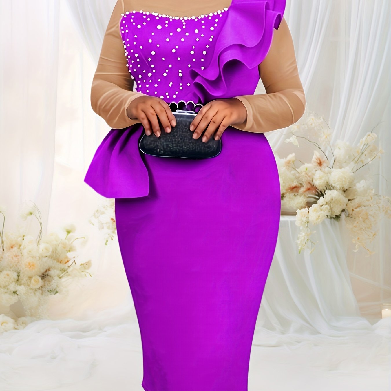 Women's Beaded Ruffle Shoulder Gauze Bodycon Evening Dress Long Sleeve