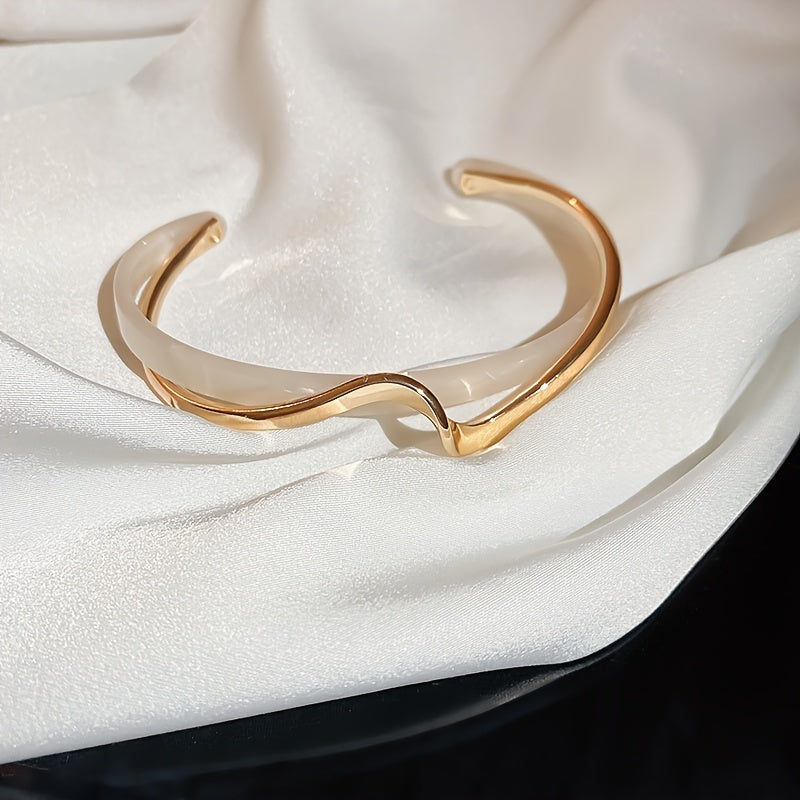 Women's Gold Plated Wave-Shaped Cuff Bangle with Faux Pearl Inlay