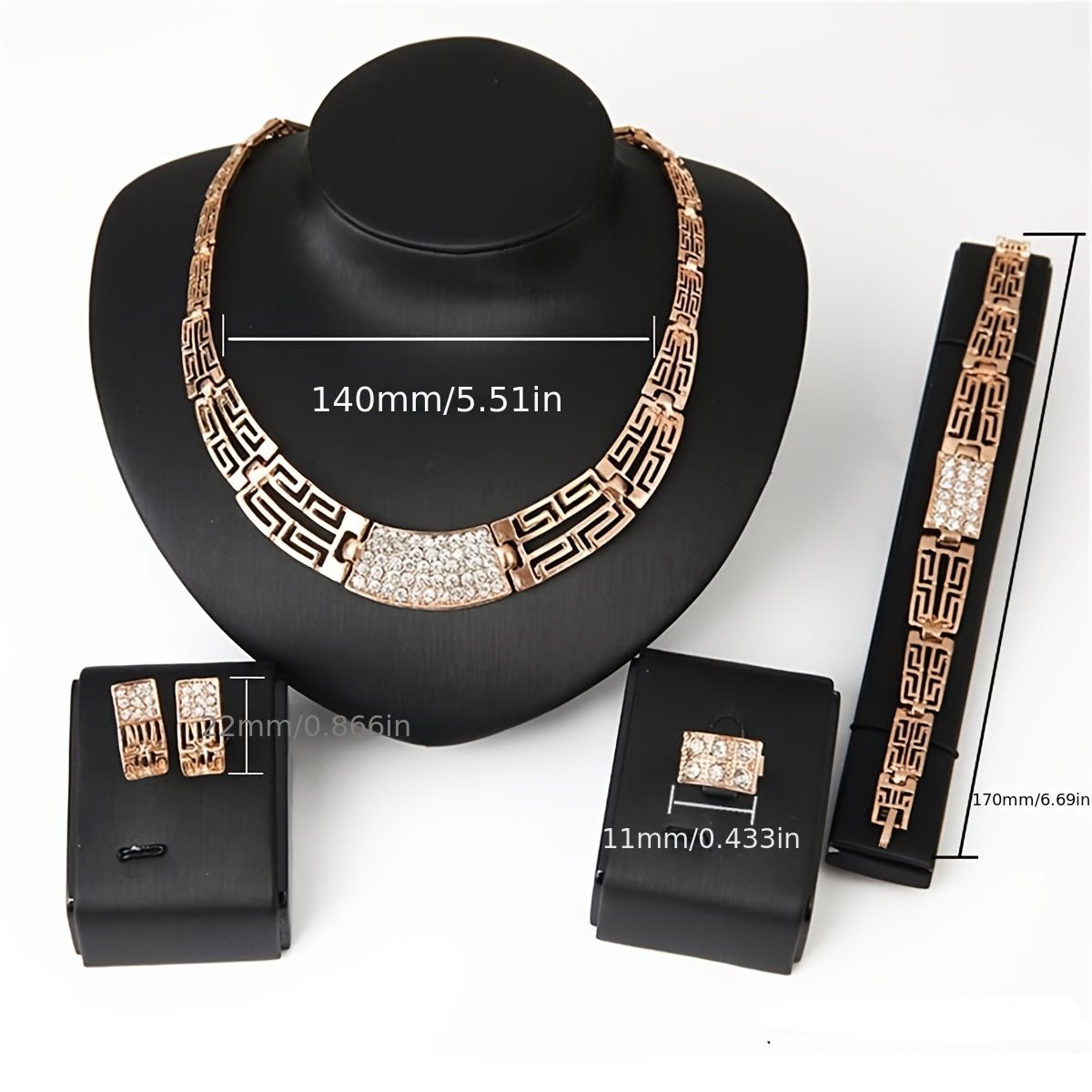 Traditional Bridal Jewelry Set with Rhinestone Earrings Bracelet Necklace Ring for Wedding