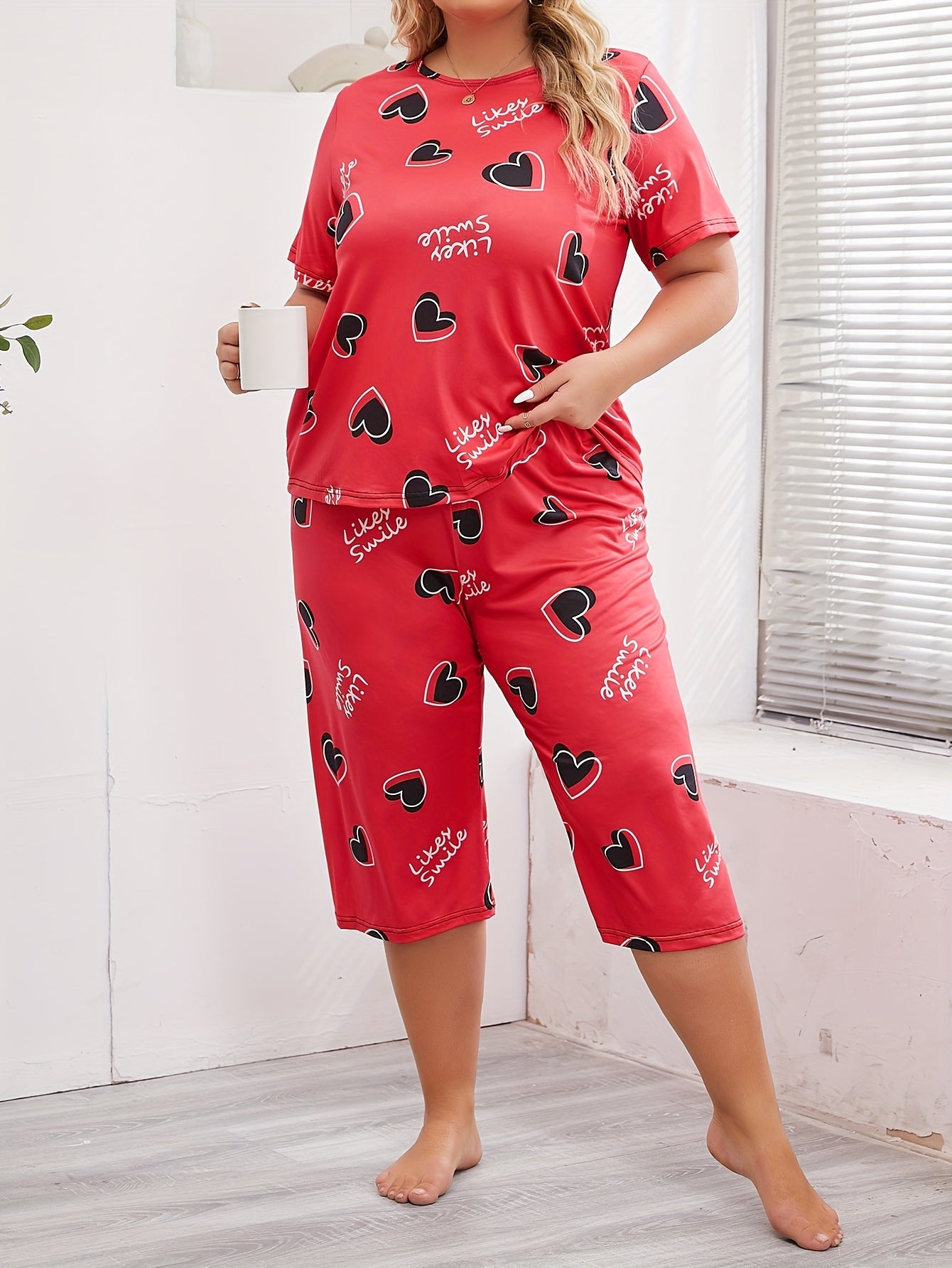 Women's Plus Size Heart and Letter Print Pajama Set Short Sleeve Lounge Two Piece