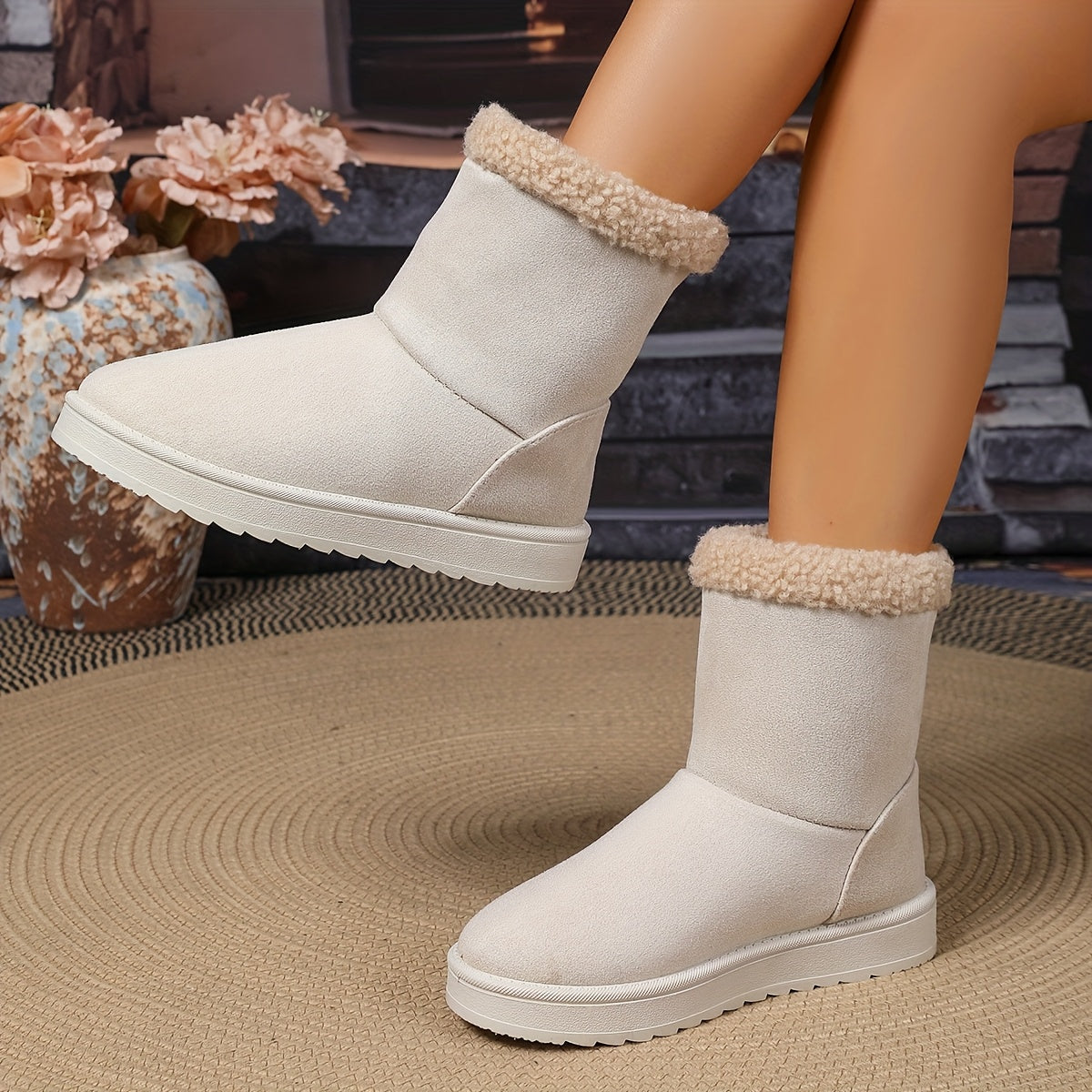 Women's Beige Snow Boots Slip-On Winter Shoes Cushioned Sole