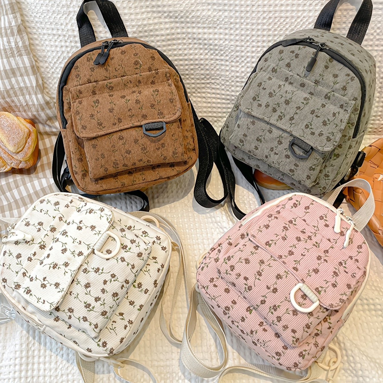 Cute Floral Print Corduroy Mini Backpack with Adjustable Straps and Zipper Closure