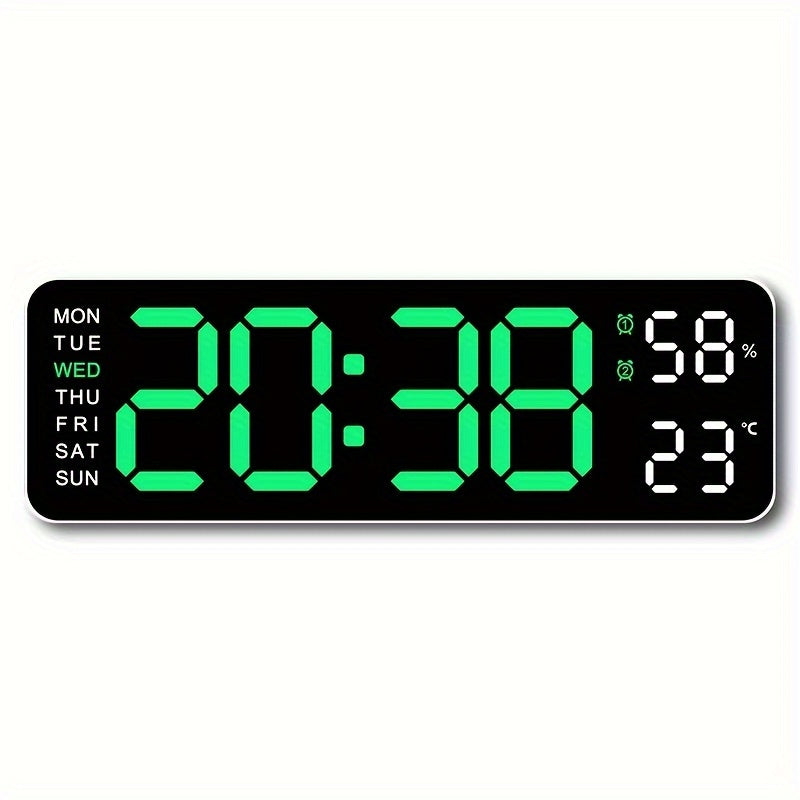 Large Digital Wall Clock with Dual Alarm Temperature Humidity Date Display