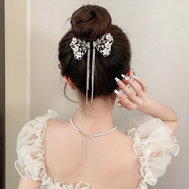 Beautiful Hair Accessory: Delicate Metal Hair Clip with Intricate Butterfly and Flower Design, Imitation Pearl Accents, Sparkling Rhinestones, and Tassel Ball Details