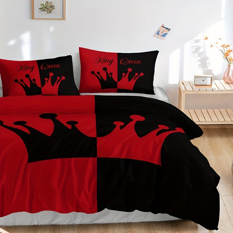 Black and Red Crown Pattern Bedding Set 3 Pieces Duvet Cover and Pillowcases