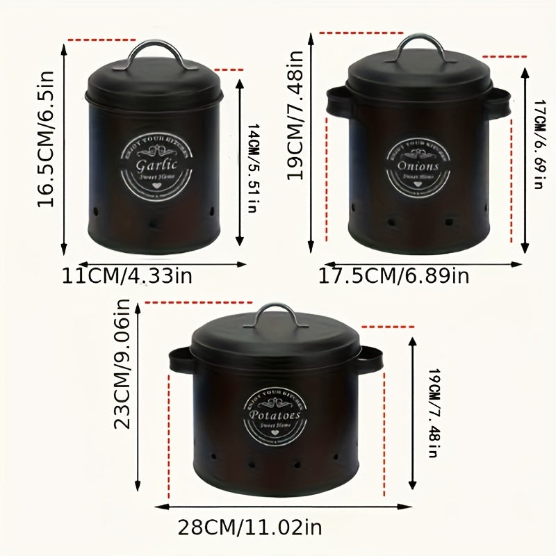 Durable 3-Piece Metal Kitchen Storage Canister Set with Ventilation for Garlic and Onions
