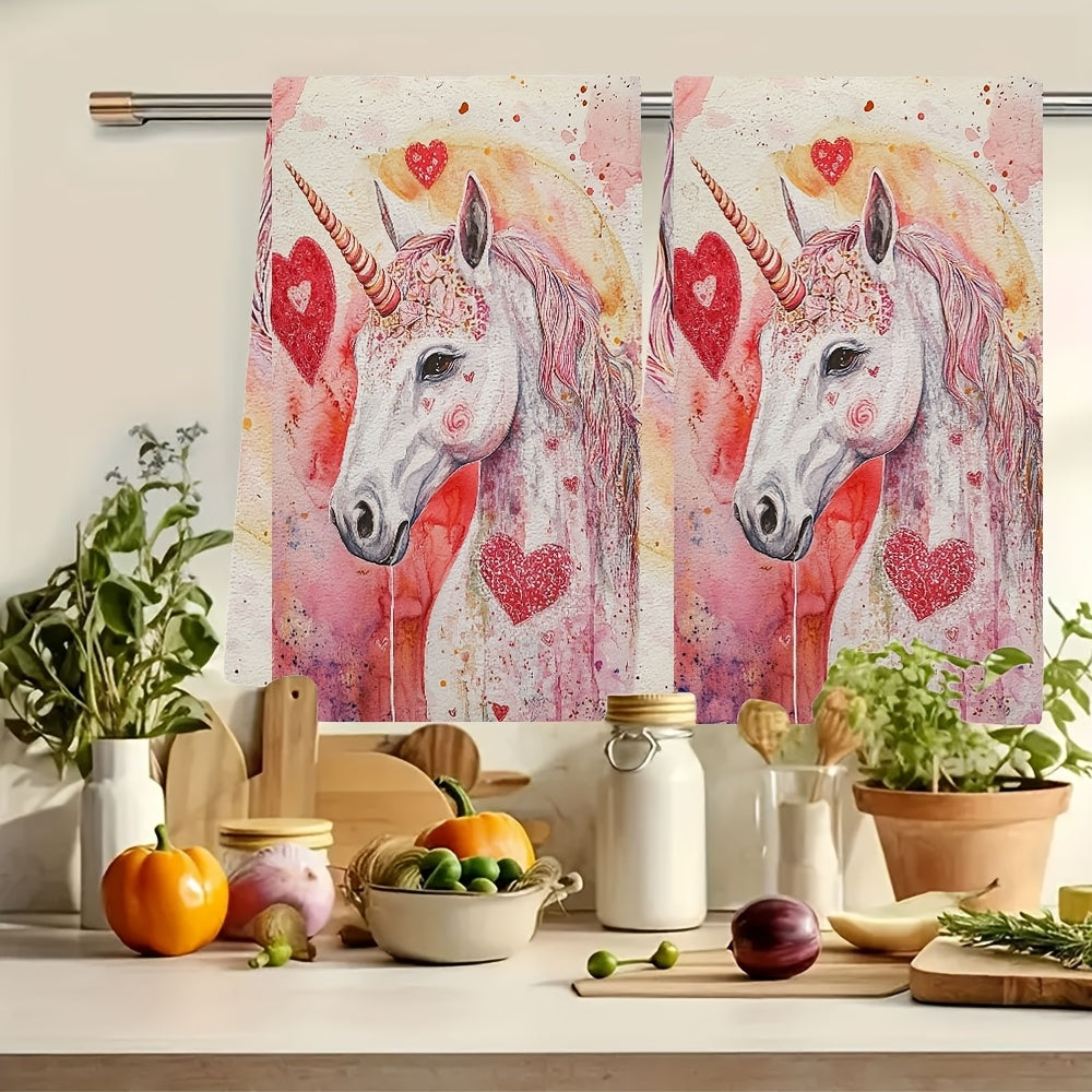 Set of 2 Unicorn Kitchen Towels Love Theme Ultra Absorbent 40x60 cm