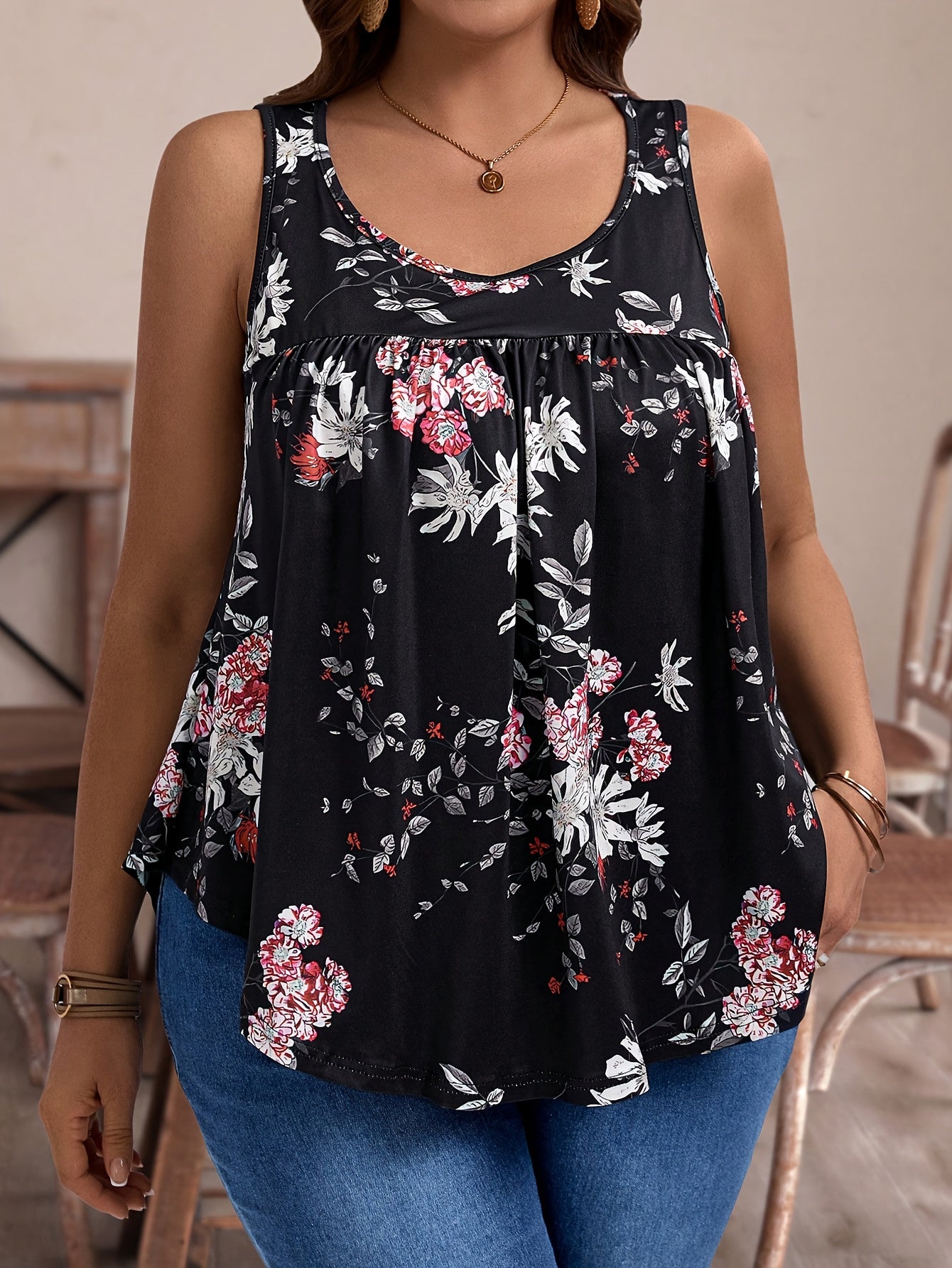 Plus o'lchamli ayollar uchun tropik gul bosma yengil sportiv keng fit polyester spandex pullover