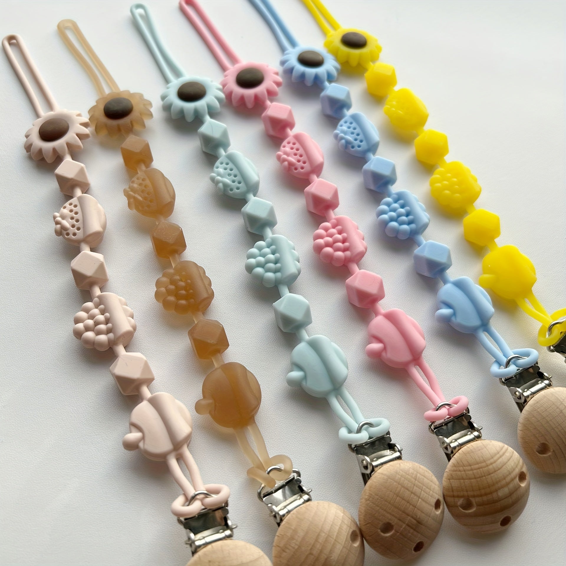 Silicone Teething Toy for Babies 0-3 Years Floral Fruit Clip Food-Grade Biteable Chain Pink Blue Yellow Brown