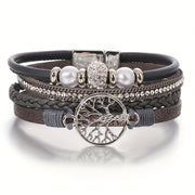 Multi-Layer Faux Leather Wristband with Tree of Life Charm and Rhinestones