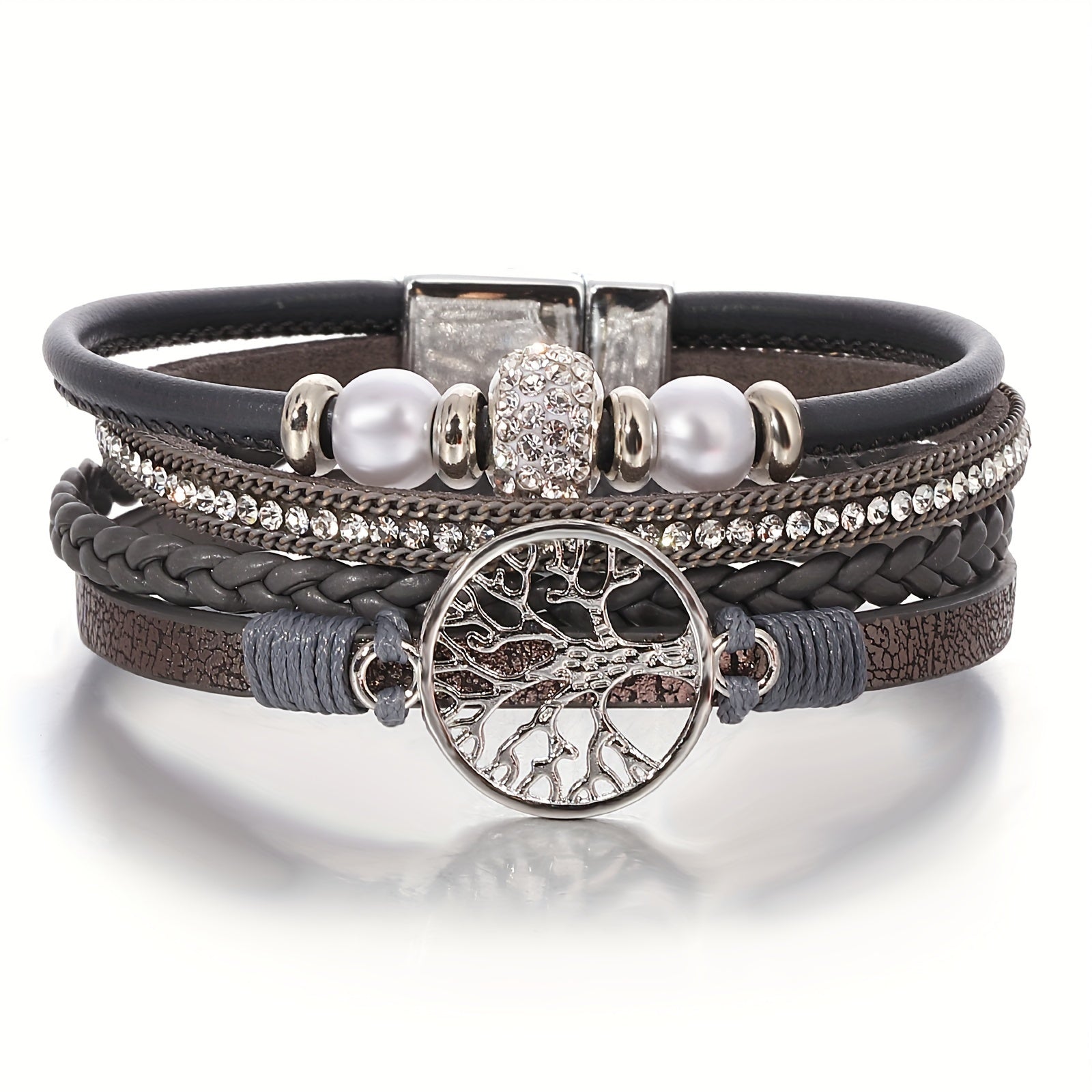 Multi-Layer Faux Leather Wristband with Tree of Life Charm and Rhinestones