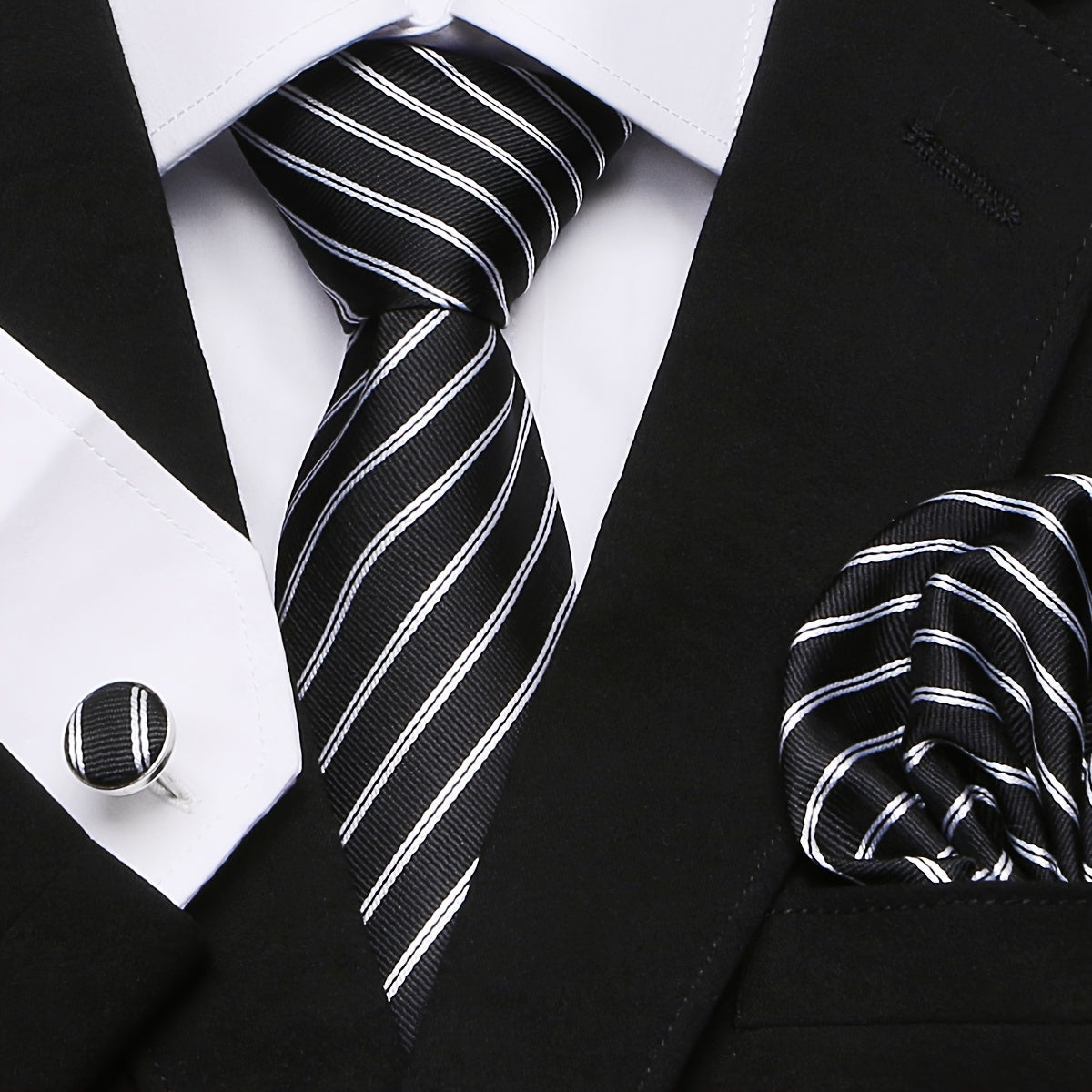 Elegant Paisley Stripe Tie Set with Pocket Square and Cufflinks for Weddings and Formal Events