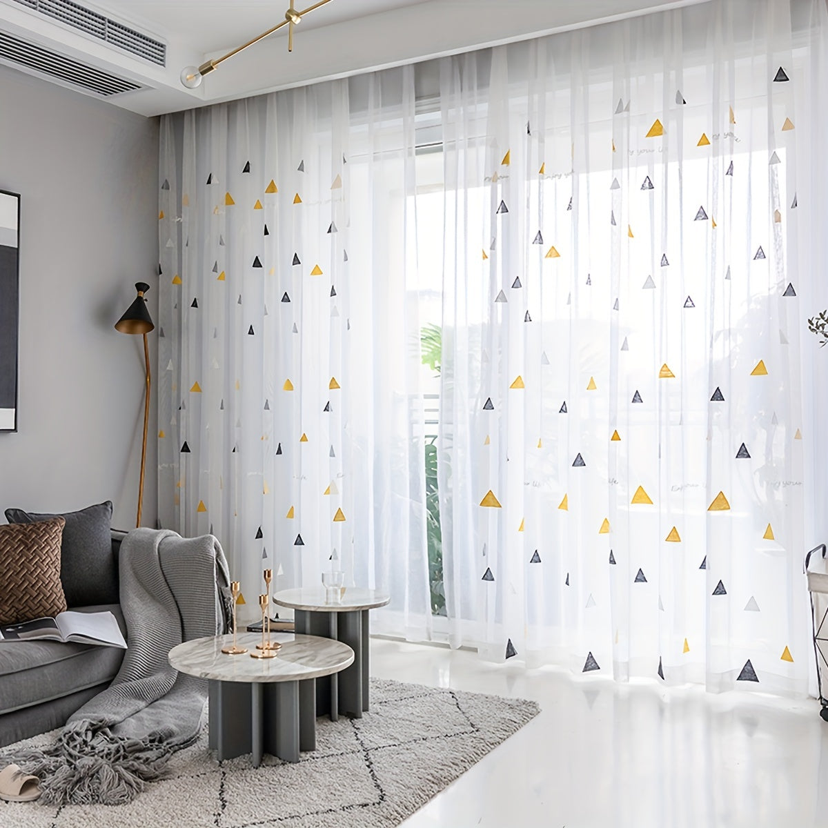 White Geometric Triangle Sheer Curtains for Girls Room Living Room Bedroom Polyester Embroidered Panel