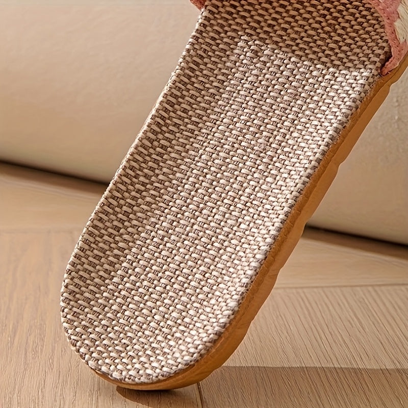 Unisex Linen Slip-On Slippers with Chevron Pattern Non-Slip EVA Sole