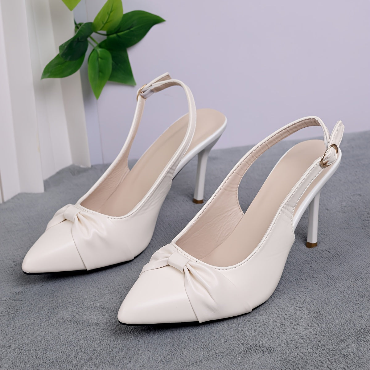 Women’s Faux Leather Slingback Sandals With Pointed Toe and Bow Detail