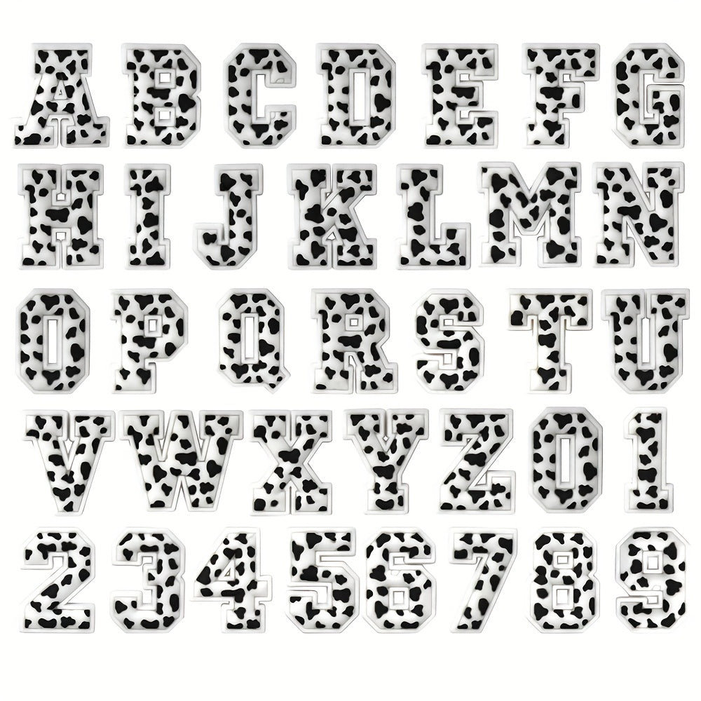 36pcs Black Speckled PVC Shoe Charms Playful Cow Spot Letter Shoe Decorations