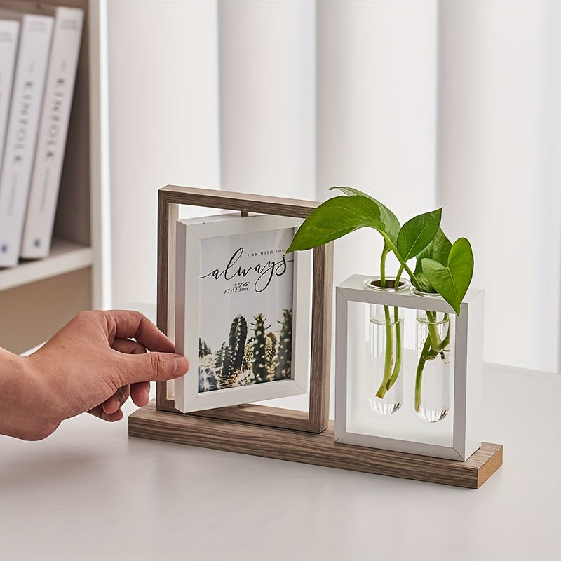 Hydroponic Plant Photo Frame with Glass Vase Wooden Desktop Decor for Living Room Study or TV Cabinet