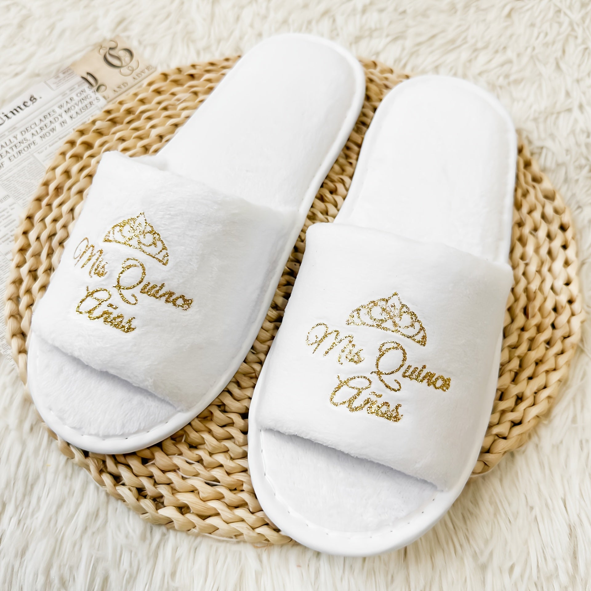 Girls 15th Birthday Glitter Gold Crown Script Slippers Soft EVA Flats