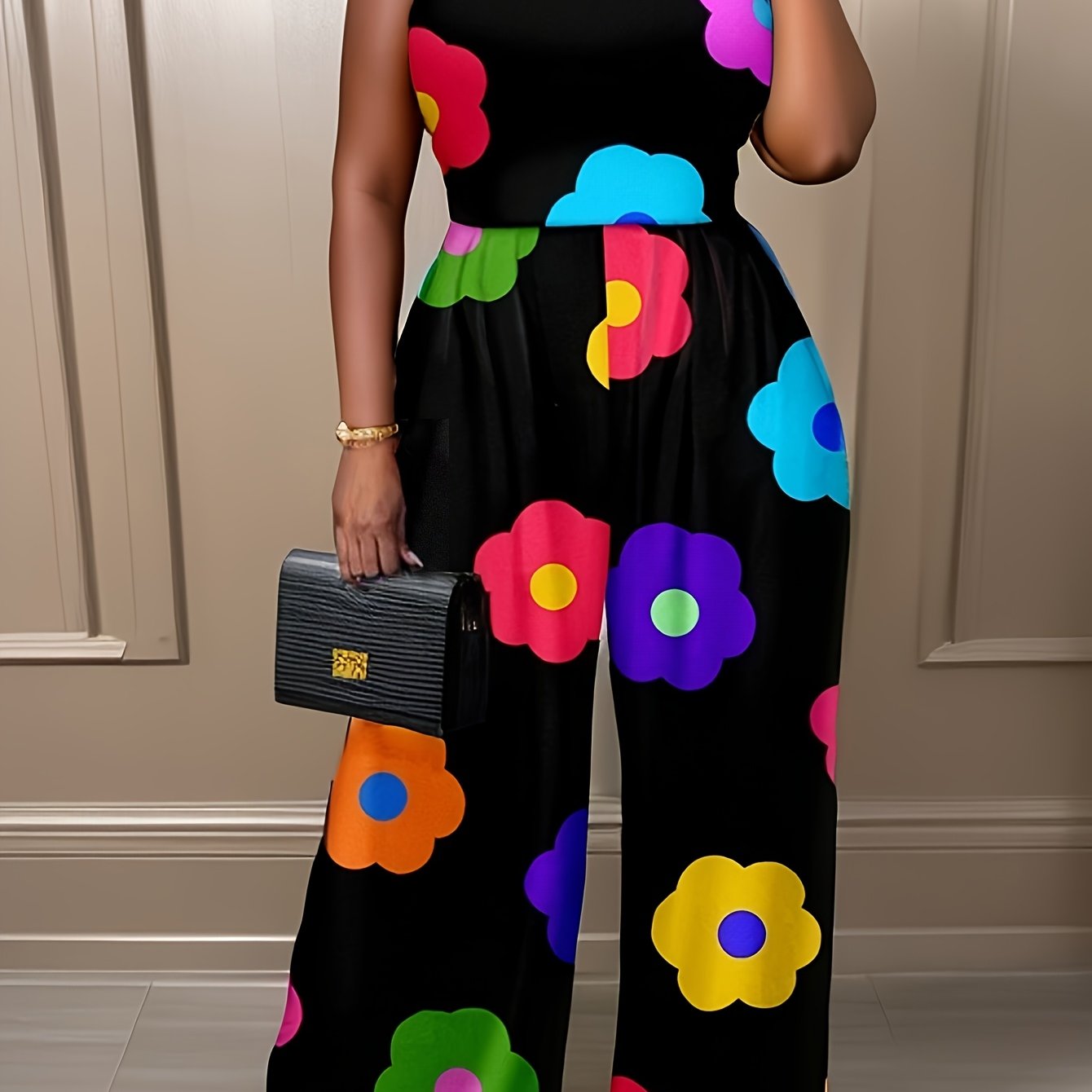 Plus Size Women's Sleeveless Floral Print Jumpsuit Black Summer Casual Easycare