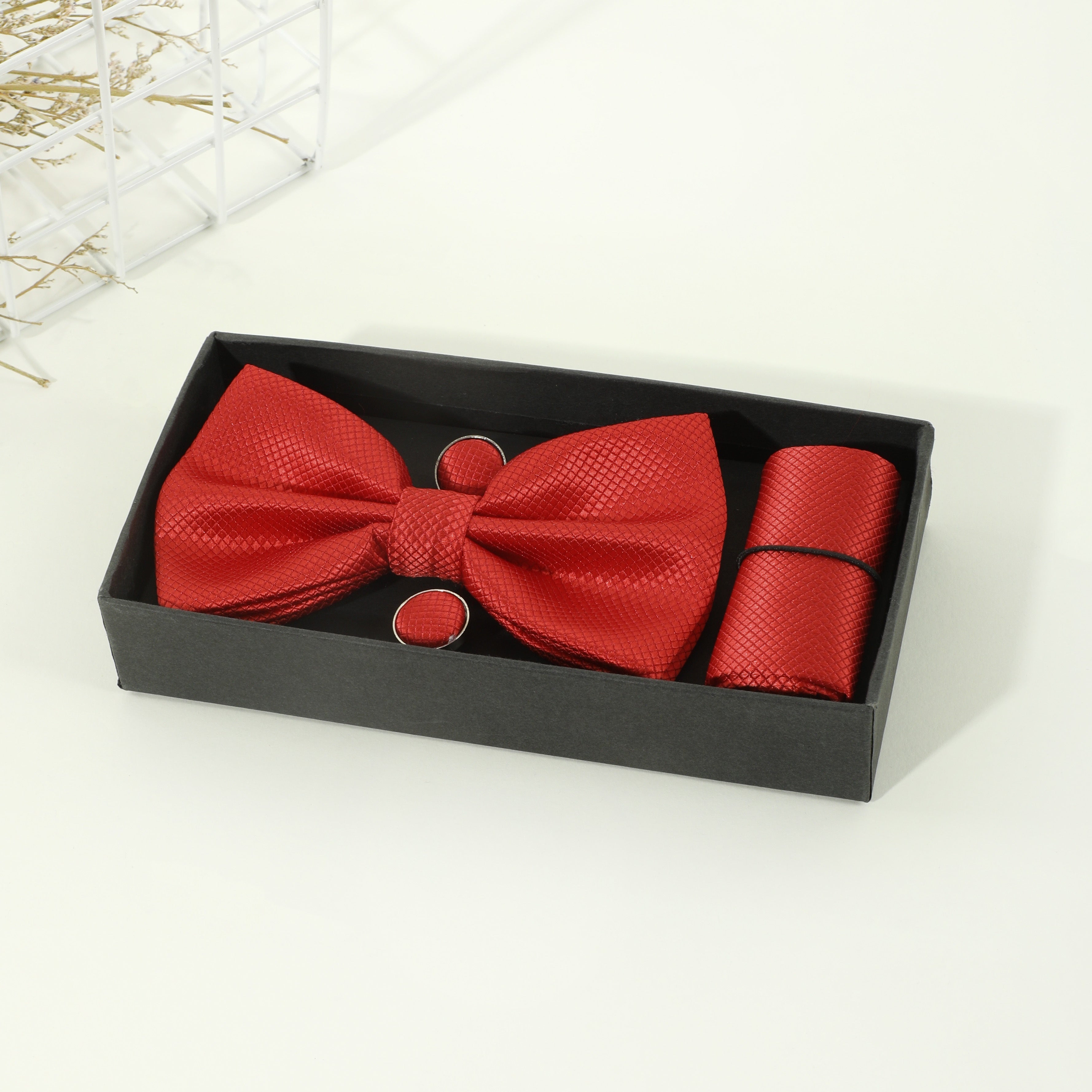 Men's Formal Wedding Bow Tie Set with Pocket Square and Cufflinks