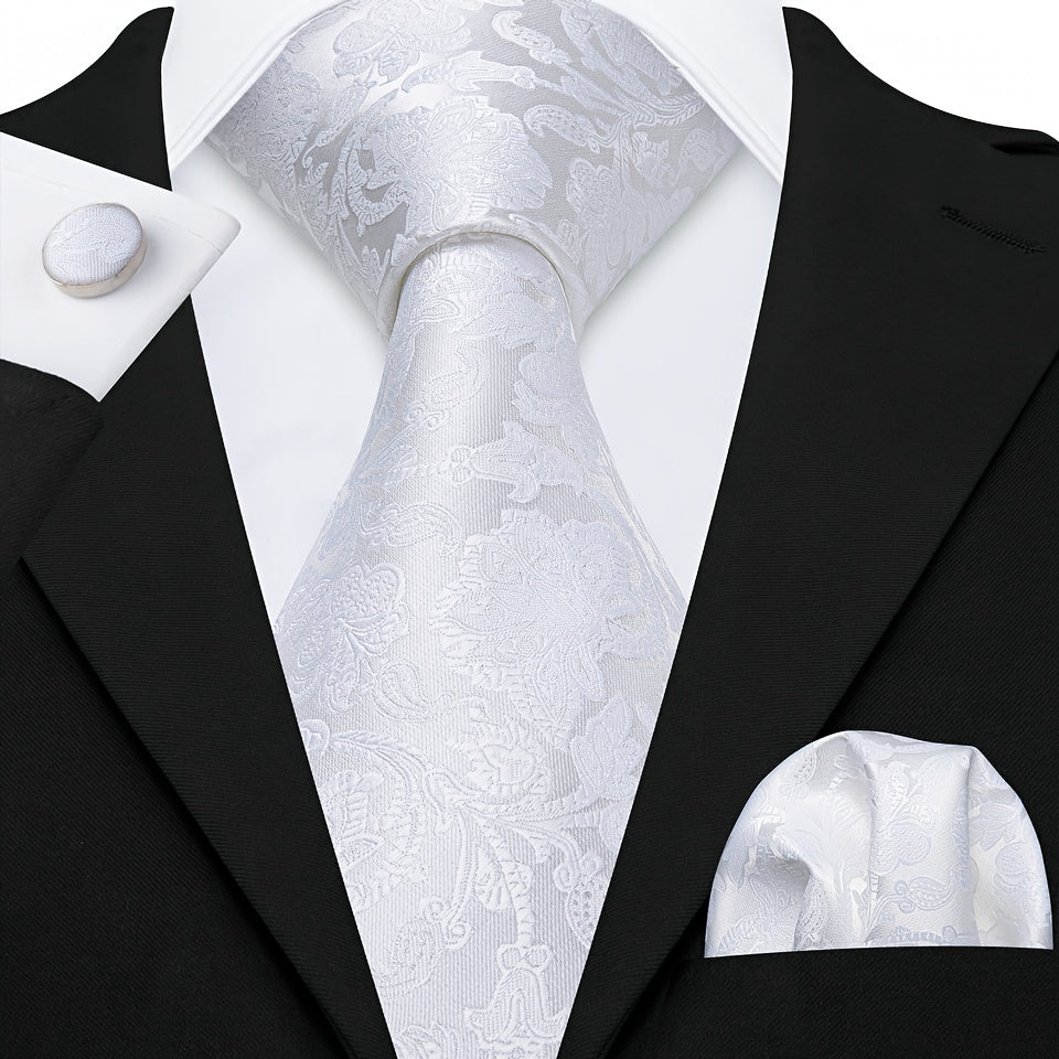 Men's Floral Woven Tie Set with Cufflinks and Handkerchief for Wedding or Formal Events