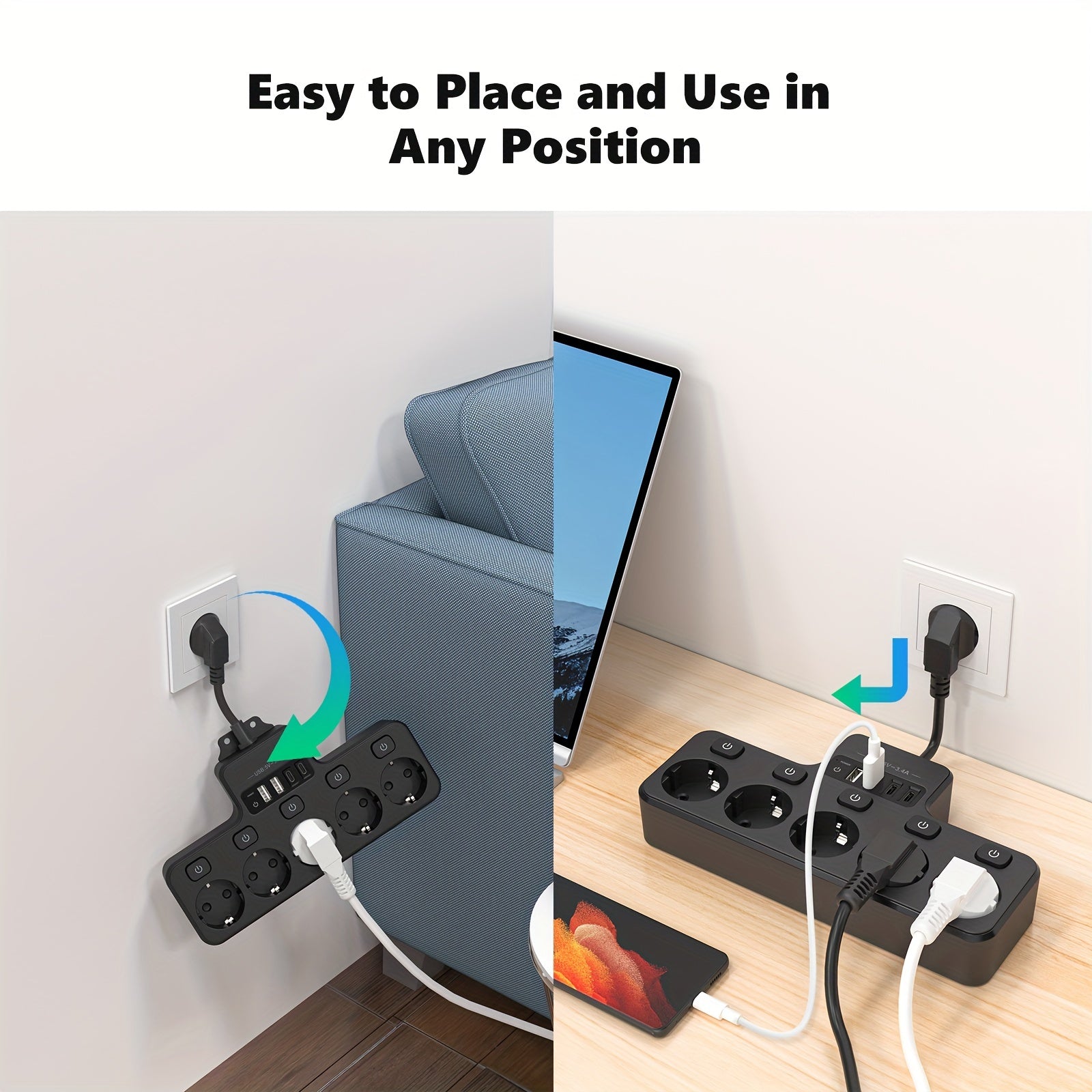 Power Strip with 5 EU Sockets and 4 USB Ports Wall-Mounted Smart Charging