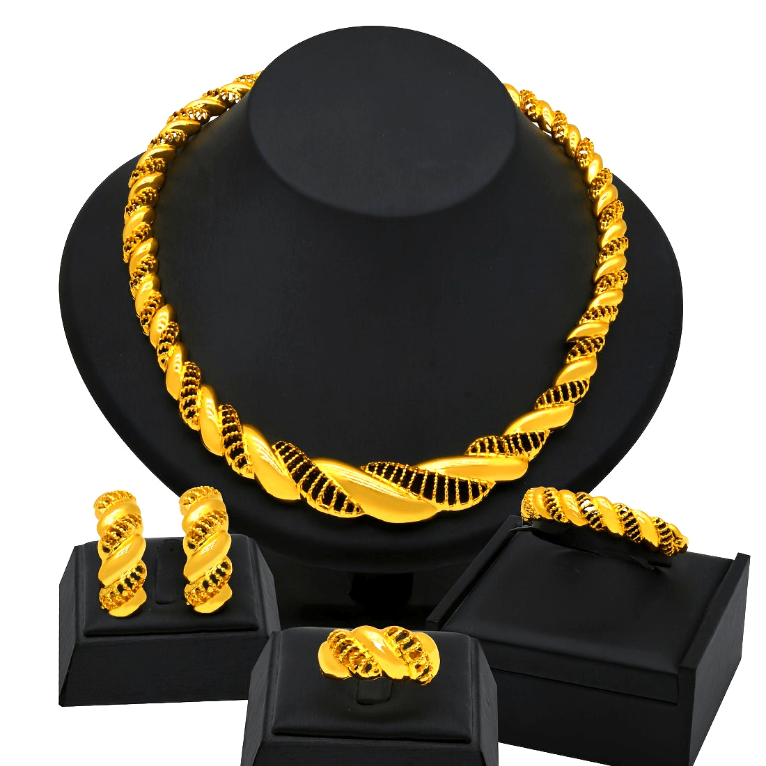 Gold-Tone Bridal Jewelry Set Necklace Bracelet Earrings Ring Hollow Design for Weddings and Occasions