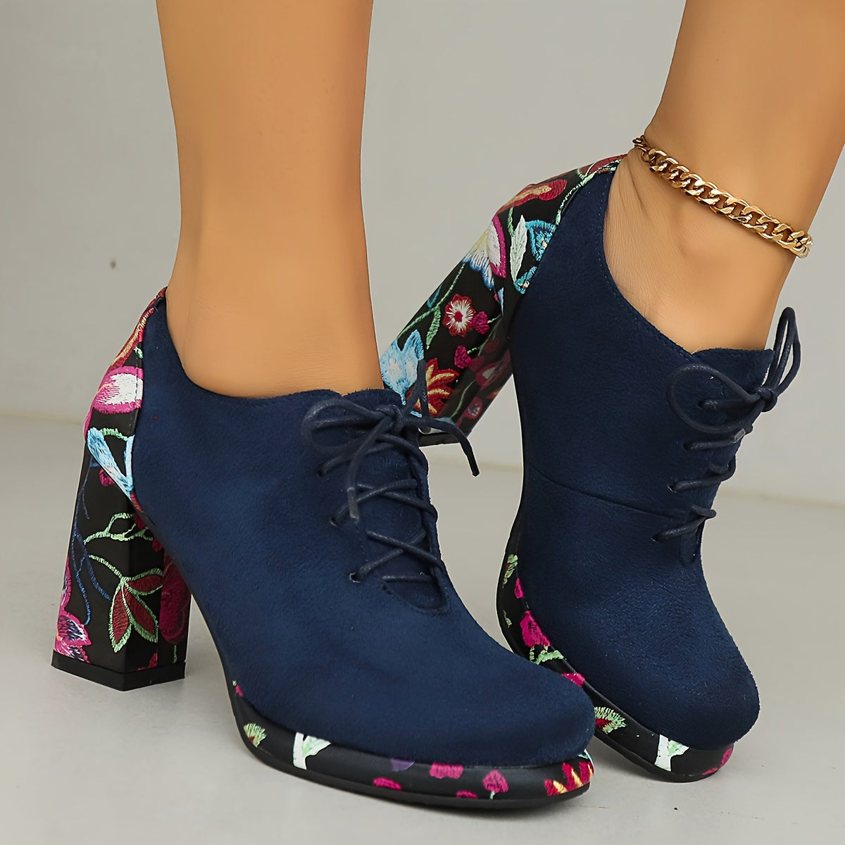 Women's Ankle Boots Fabric Platform Lace-Up Chunky Heel Black Floral Navy Red