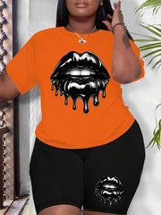 Plus Size Women's Sportswear Set Black Lip Print Short Sleeve Top High-Waisted Shorts