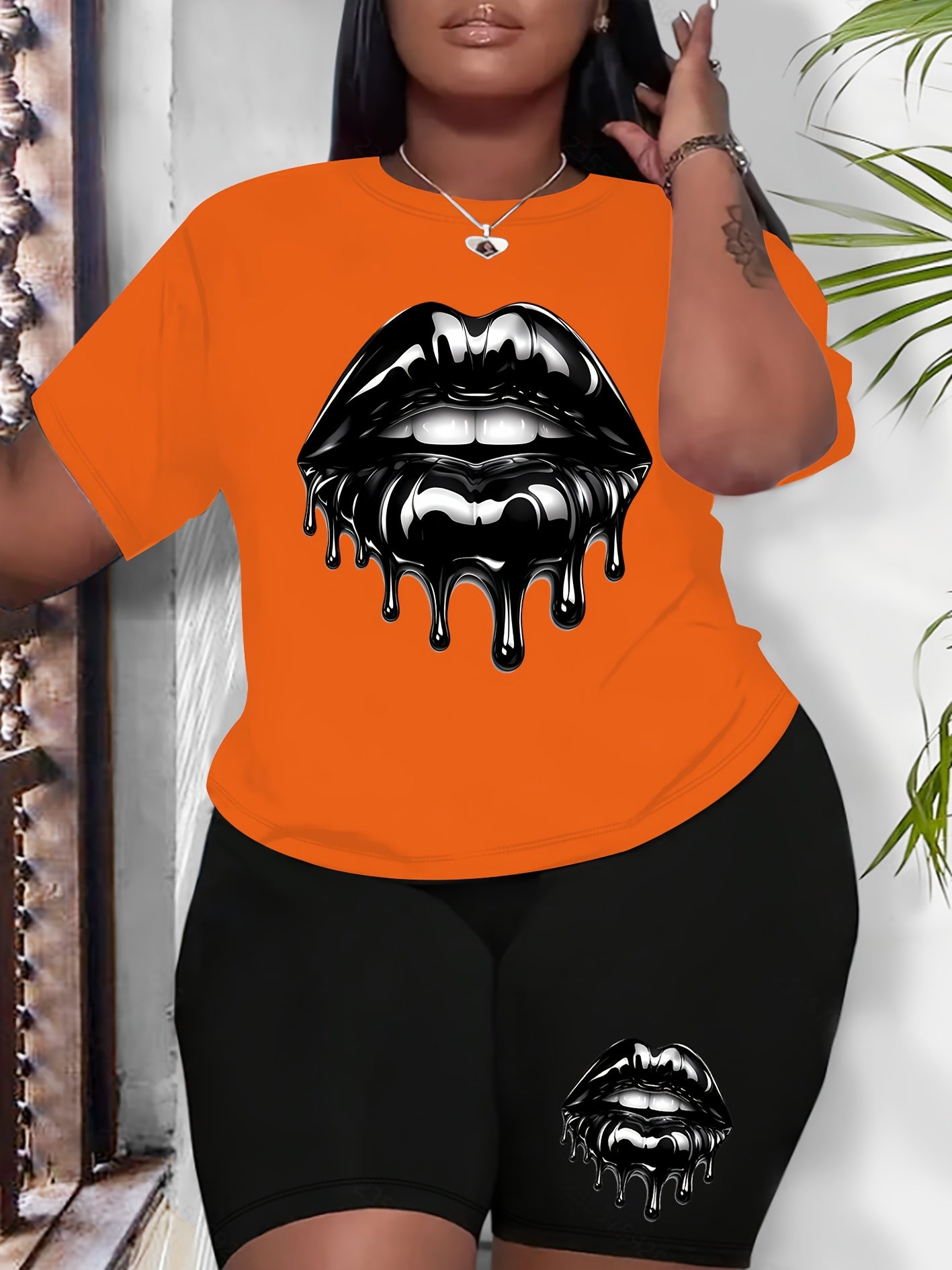 Plus Size Women's Sportswear Set Black Lip Print Short Sleeve Top High-Waisted Shorts