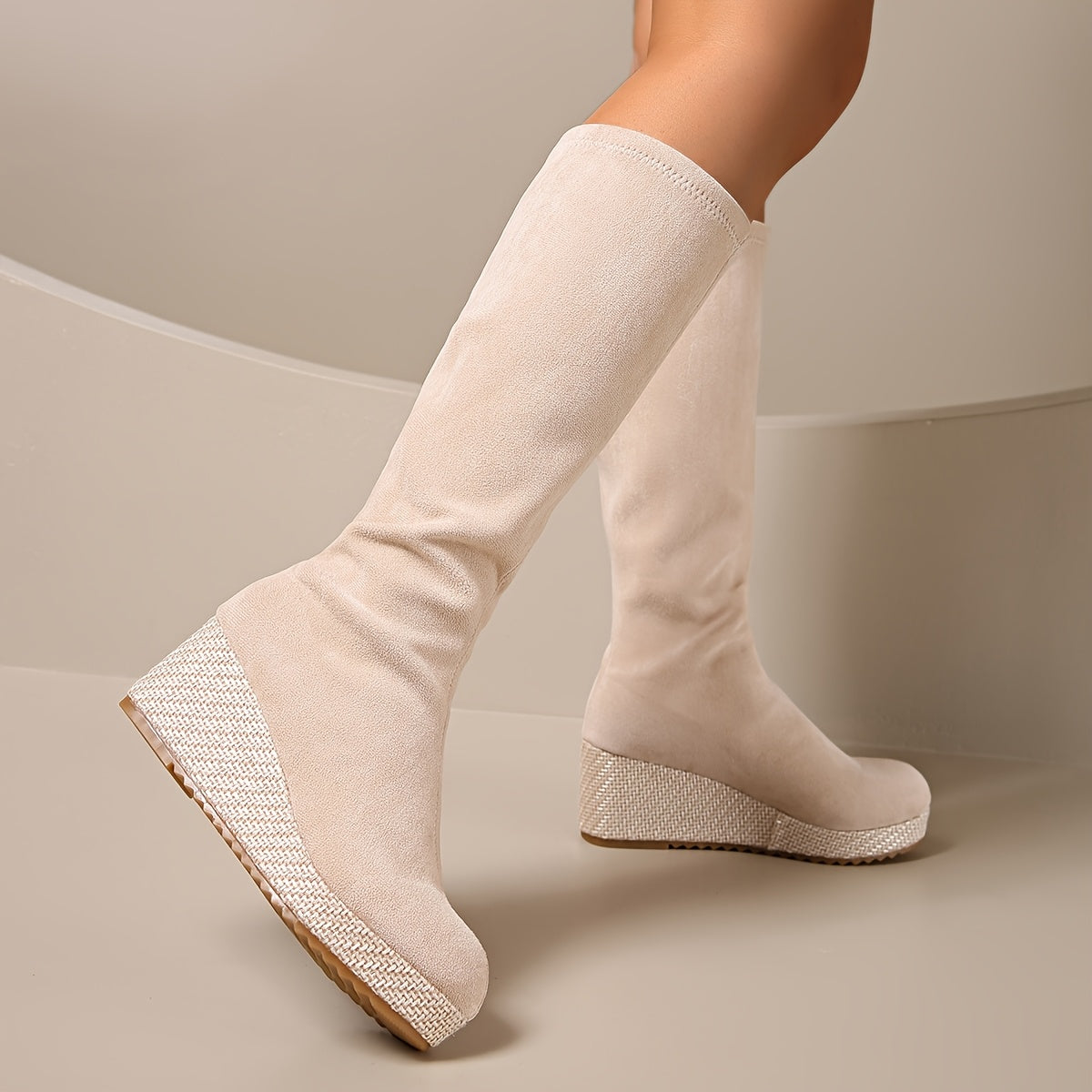 Women's Beige Wedge Heeled Stretch Long Boots Fabric Upper Rubber Outsole