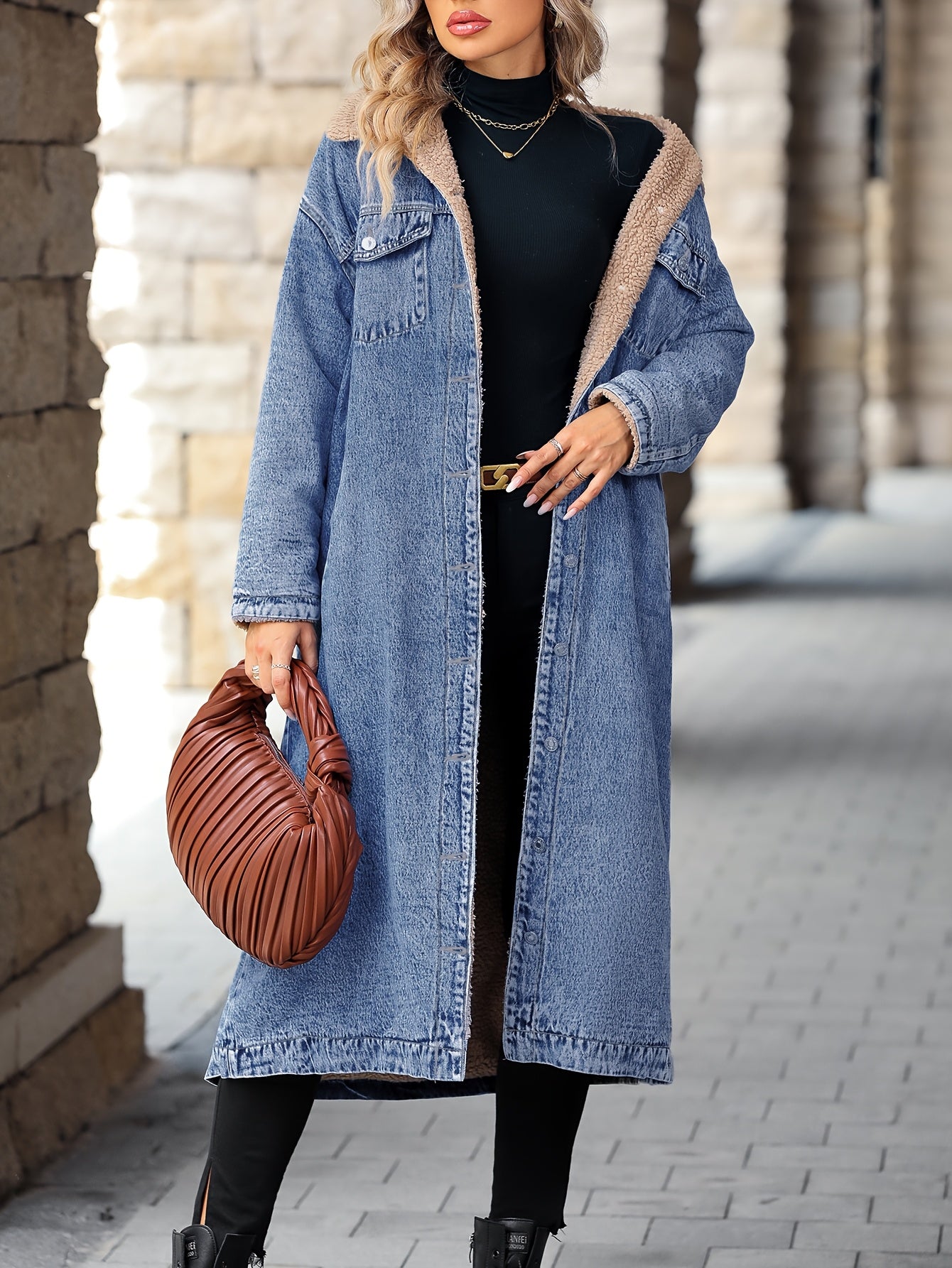 Plus-Size Fleece-Lined Denim Jacket for Women Fall Winter Cozy Warm Woven Solid