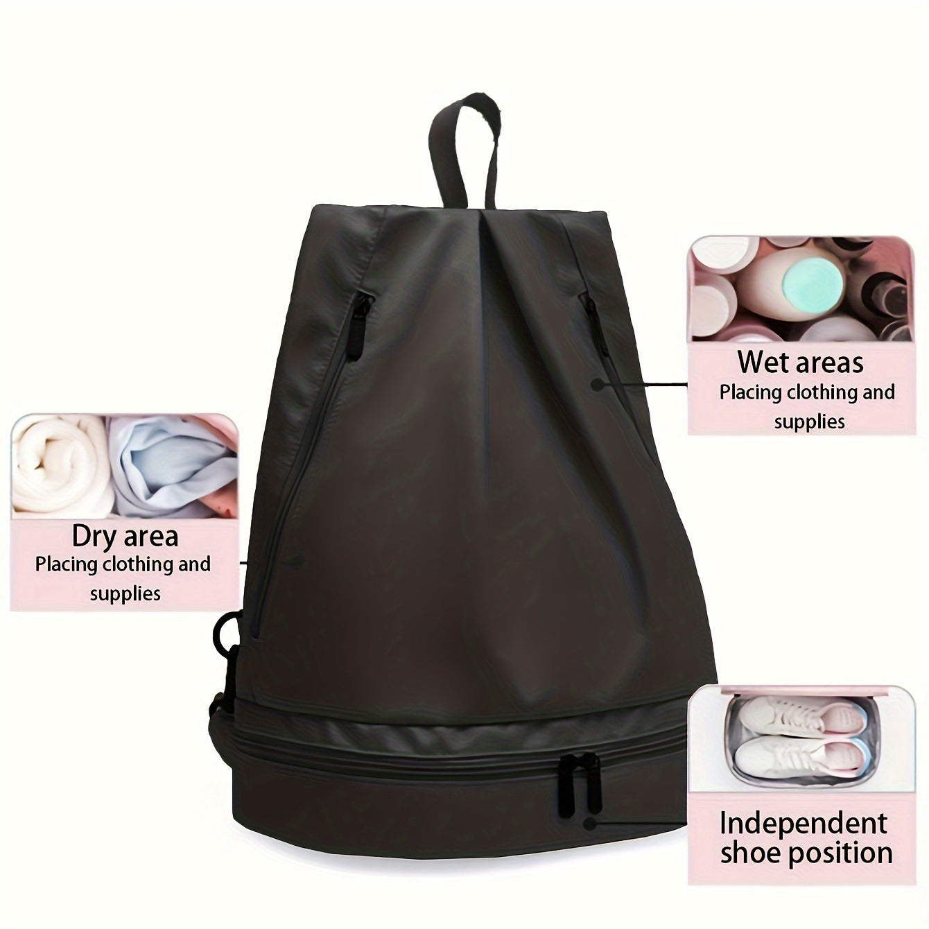 Black Waterproof Polyester Casual Daypack Backpack with Shoe Storage