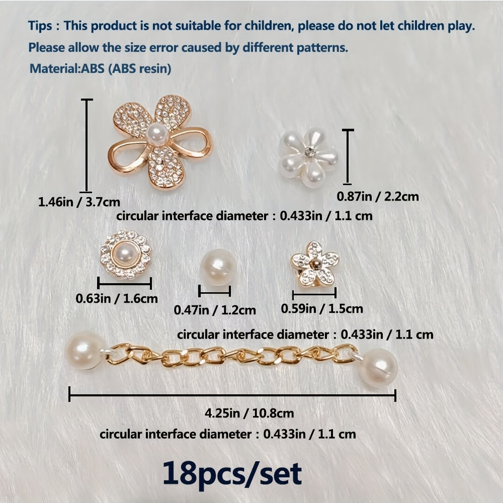 Women Faux Rhinestone Shoe Charms Set with Flowers and Chains 18pcs