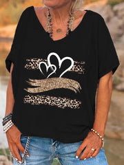Plus Size Women's Leopard Print V-Neck T-Shirt with Glitter Heart Batwing Sleeve Black Polyester