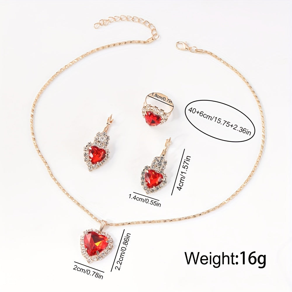 Ladies' Quartz Watch with Red Strap and Jewelry Set Including Necklace Earrings Ring