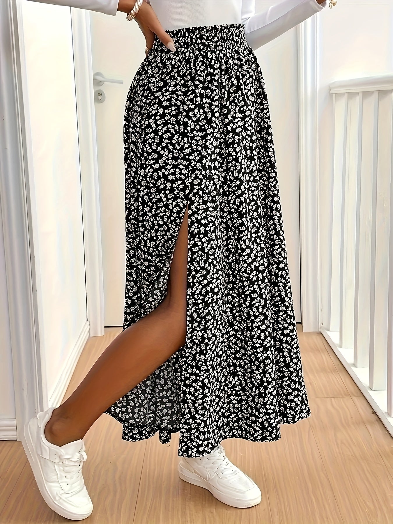 Women's Floral Print Midi Skirt with Side Slit Black White Flowing Fabric