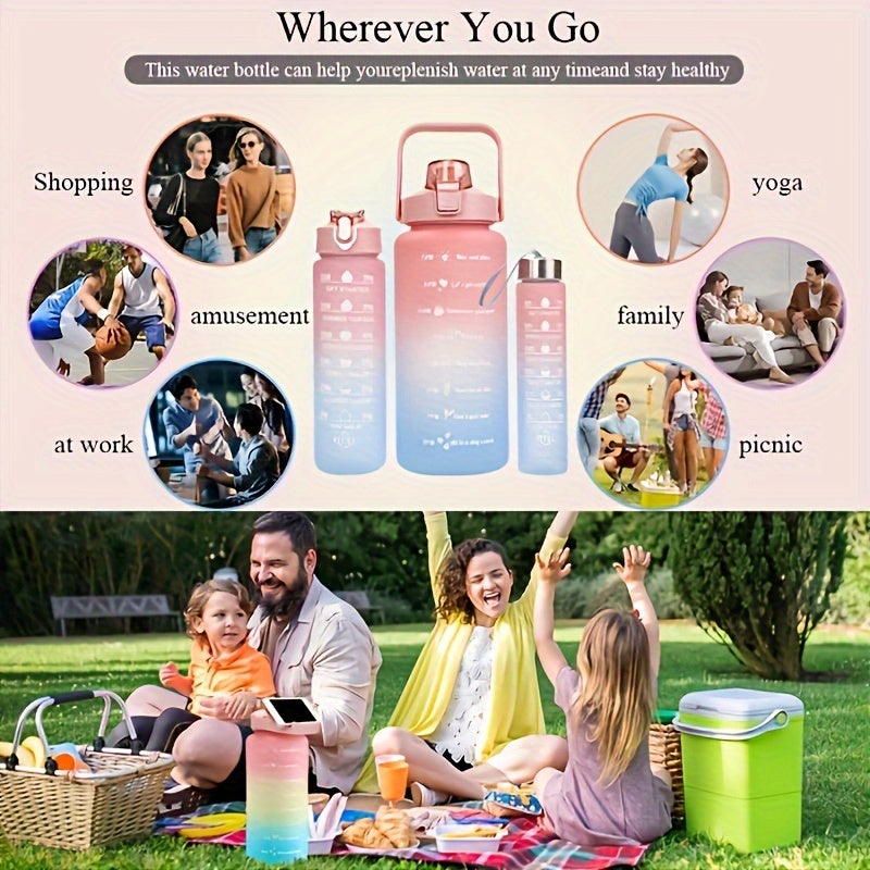 Set de botellas de agua con gradiente de 2L, libres de BPA, a prueba de fugas, con marcador de tiempo, pajilla, tapa con cierre para acampar y fitness