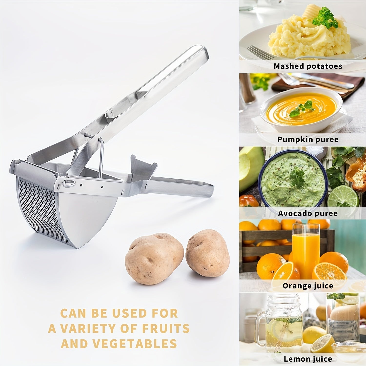 Puré de patatas de acero inoxidable con mango antideslizante para verduras y frutas