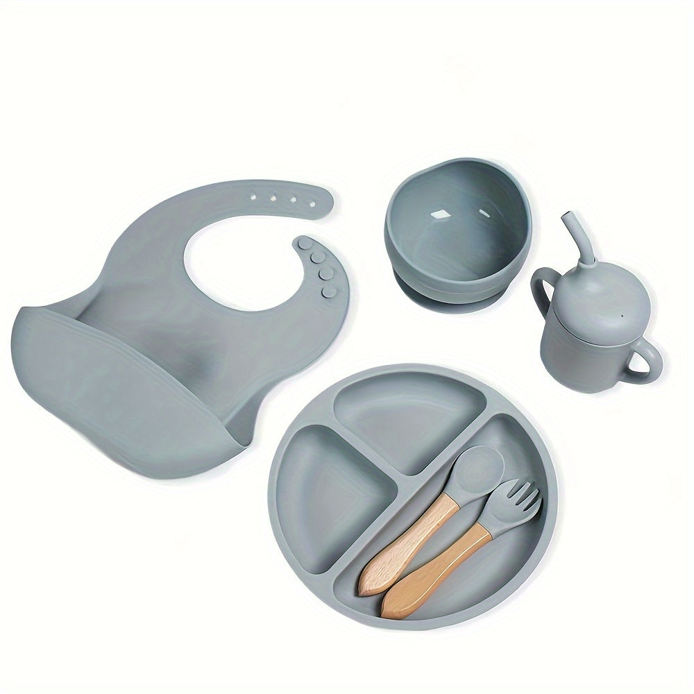 6-Piece Silicone Feeding Set with Divided Plate and Wooden Utensils for Self-Feeding