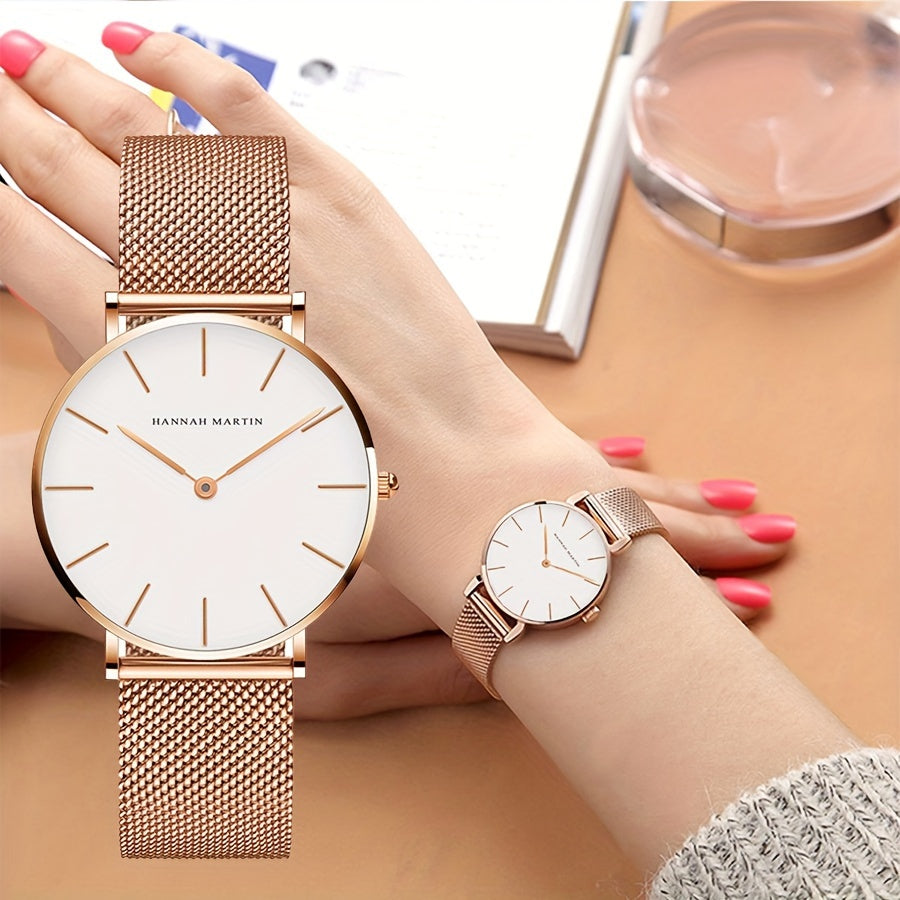Women's Quartz Watch Stainless Steel Mesh Band Zinc Alloy Case Light Luxury Simple Fashion Wrist Watch