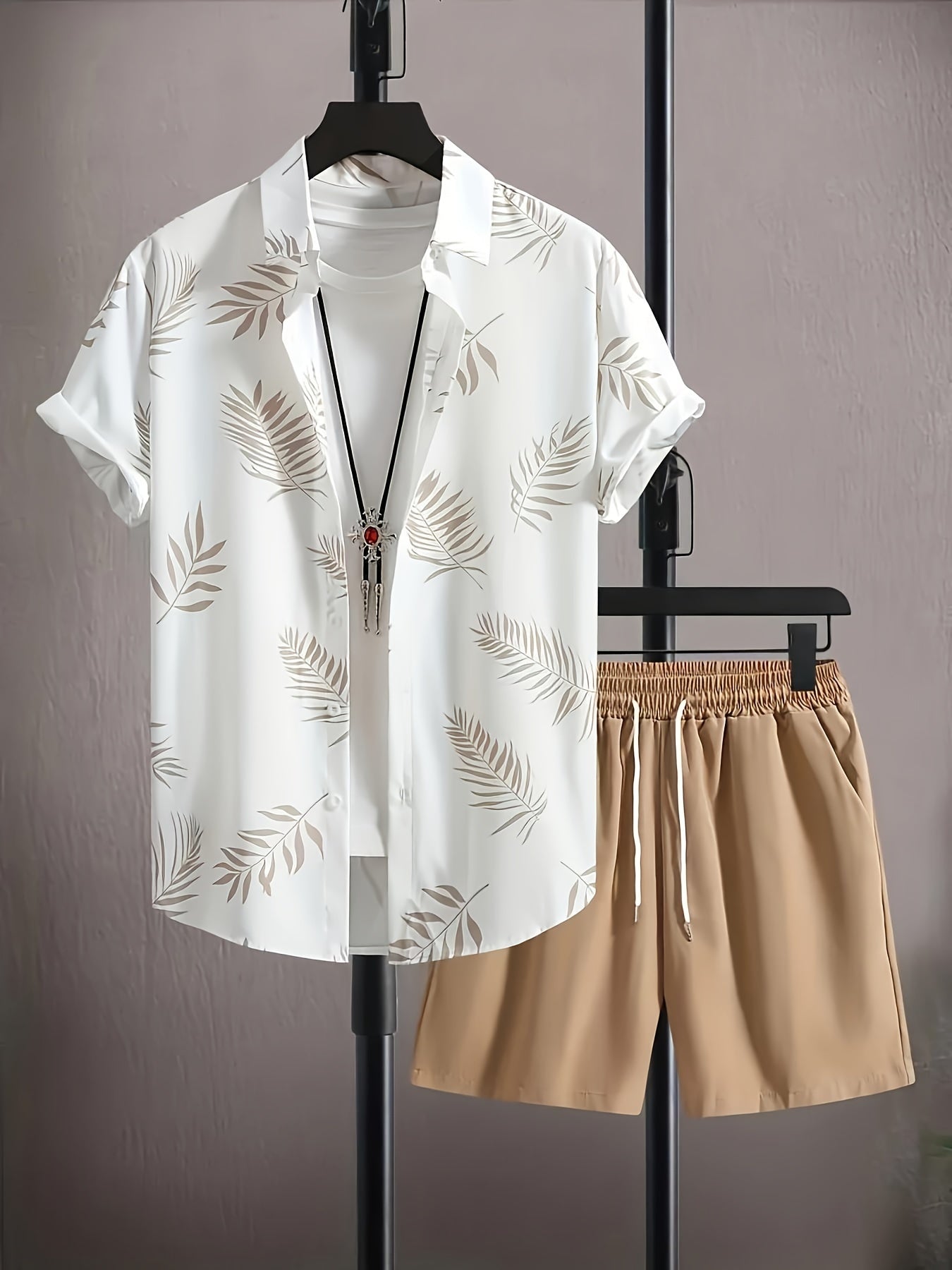 Men's Summer Leaf Print Button-Up Shirt and Drawstring Shorts Casual Outfit