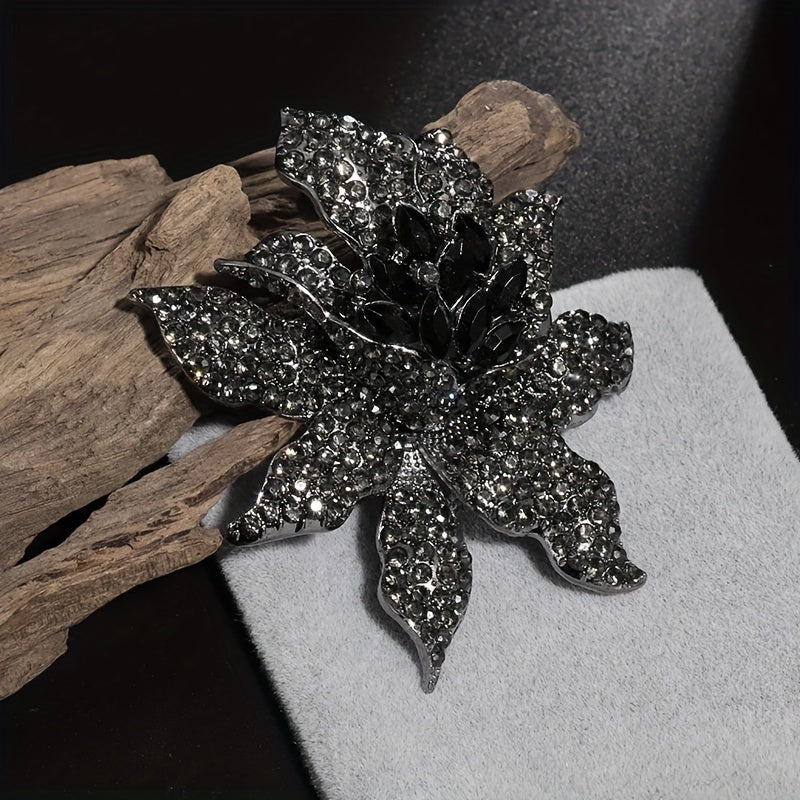 Broche de flor de orquídea negra de gran tamaño con zirconia cúbica, acero inoxidable, aleación, joyería vintage para hombres y mujeres